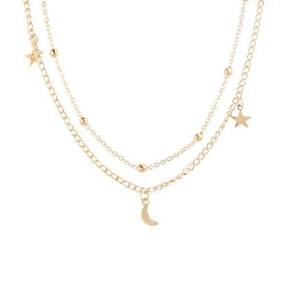 2 Layer Star and Moon Necklace Gold - Picture 2 of 8